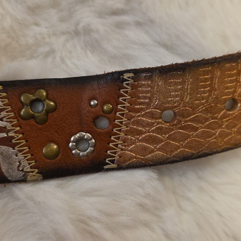 Vintage Fossil Y2k Belt Brown Leather Metallic Accents Studding Womens M - Picture 9 of 14